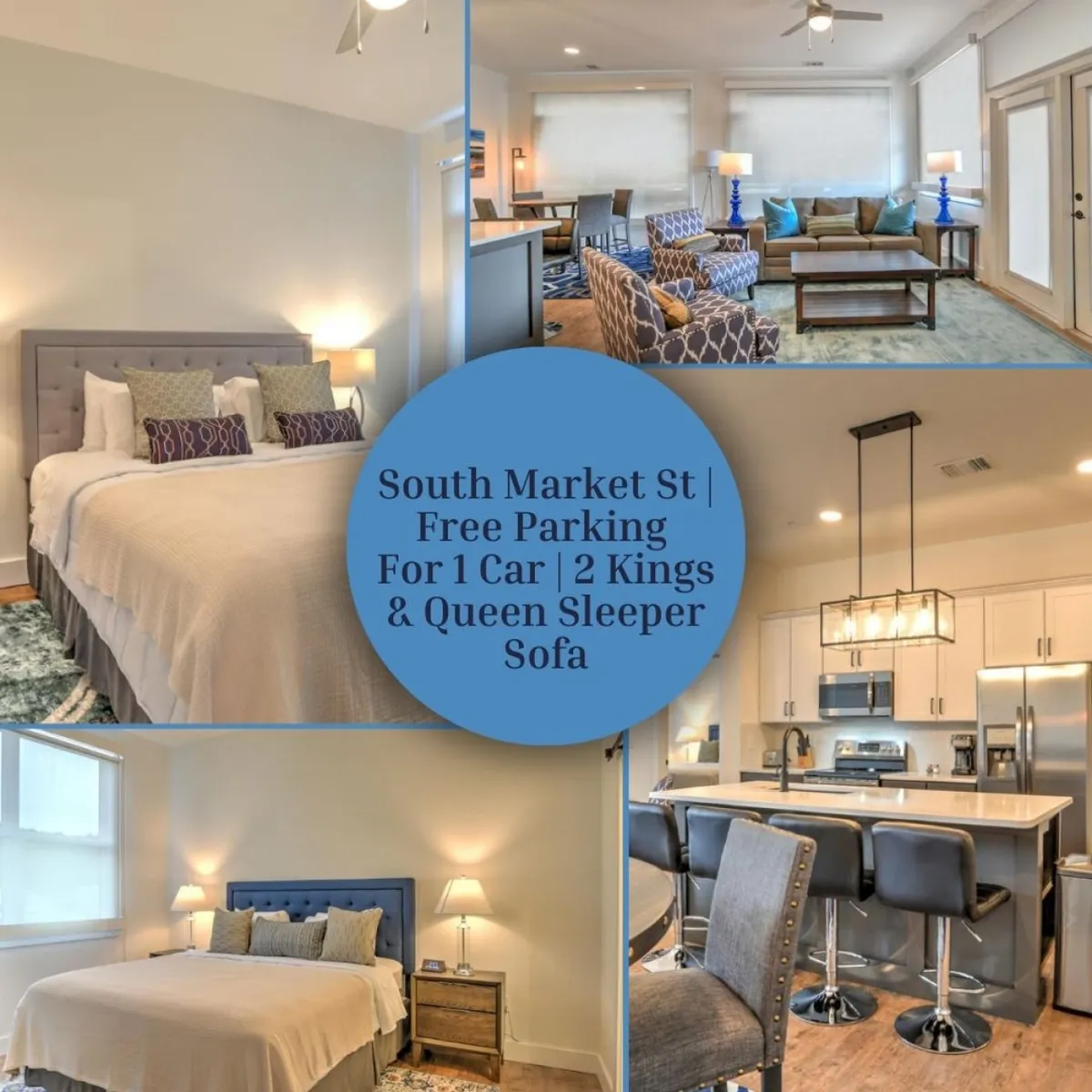 The image showcases a bright, inviting interior featuring a plush king bed, a cozy seating area perfect for relaxing or movie nights, and a modern kitchen with sleek appliances – all bathed in warm, natural light. The space feels open and thoughtfully designed, ideal for gathering with family or friends after a day exploring Asheville.